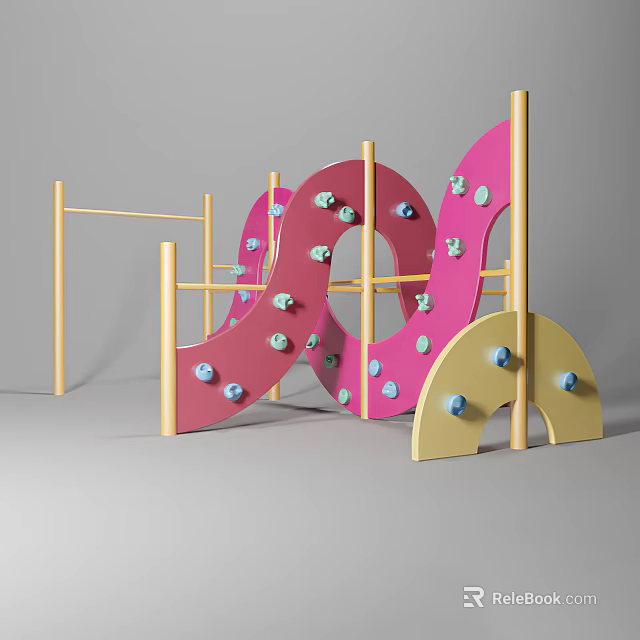 Pink and Yellow Playground Equipment With Wavy Climbing Structure And Semicircular Design 3d model 