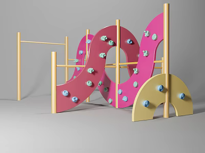 Pink and Yellow Playground Equipment With Wavy Climbing Structure And Semicircular Design 3d model