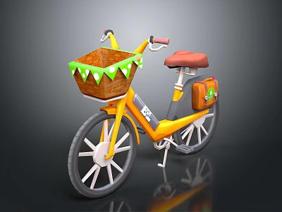 A Yellow Bicycle With Front Basket Green Trim Red Seat And Orange Bag 3d model