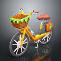 A Yellow Bicycle With Front Basket Green Trim Red Seat And Orange Bag