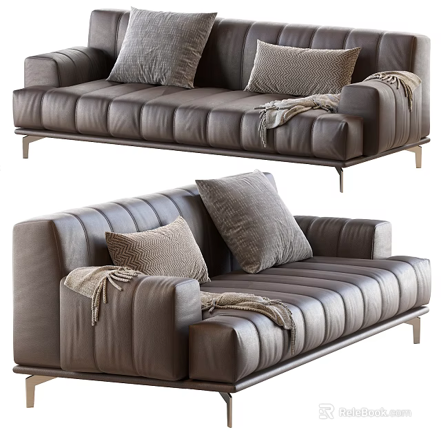 Elegant Leather Multi Person Sofa With Modern Design Pillows And Throw Blanket 3d model 
