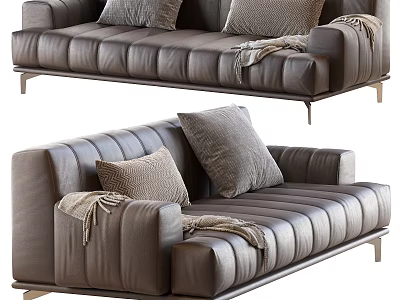 Elegant Leather Multi Person Sofa With Modern Design Pillows And Throw Blanket 3d model