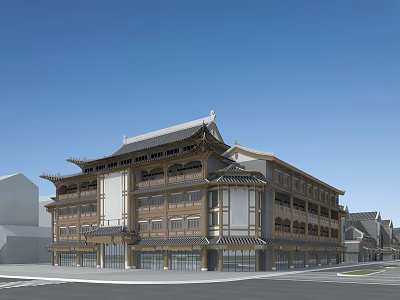 Traditional Chinese Style Commercial Street With Multi story Buildings And Overhanging Eaves 3d model