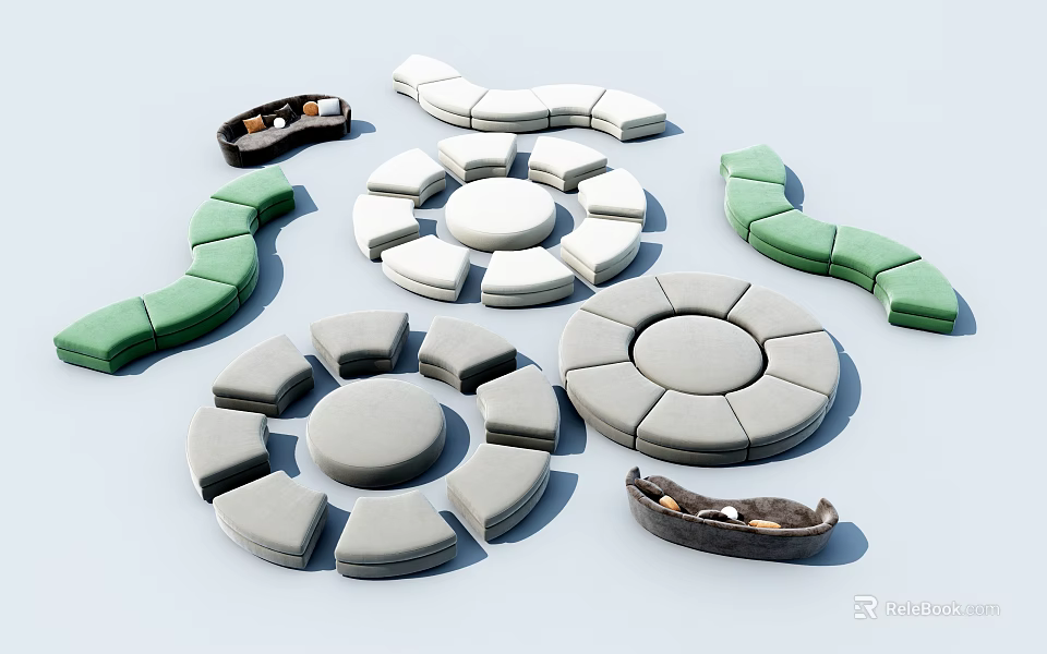 Modern Modular Sectional Sofas In Circular Curved Shapes With Gray Green Upholstery 3d model