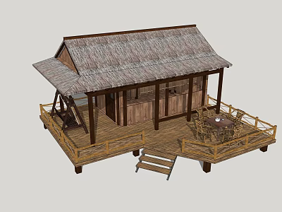 Traditional Wooden House With Thatched Roof Wooden Deck Railing And Steps Outdoor Table And Chairs 3d model