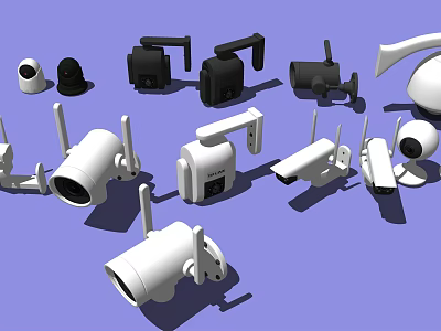 Projection Monitoring Equipment Displaying Various Surveillance Cameras In Different Shapes And Colors 3d model