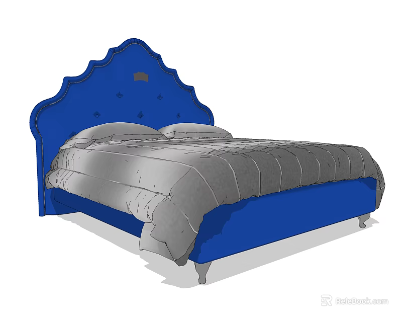 Blue Upholstered Double Bed With Scalloped Headboard Star Patterns And Gray Comforter 3d model