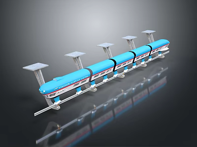Blue Model Train Featuring Multiple Connected Carriages on Track with White Structures on Top 3d model