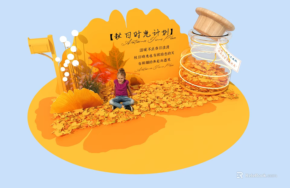 Autumn Themed Photo Spot With Fallen Leaves Girl And Glass Jar Decorations 3d model 