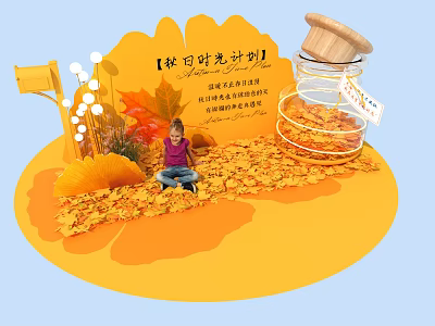 Autumn Themed Photo Spot With Fallen Leaves Girl And Glass Jar Decorations 3d model