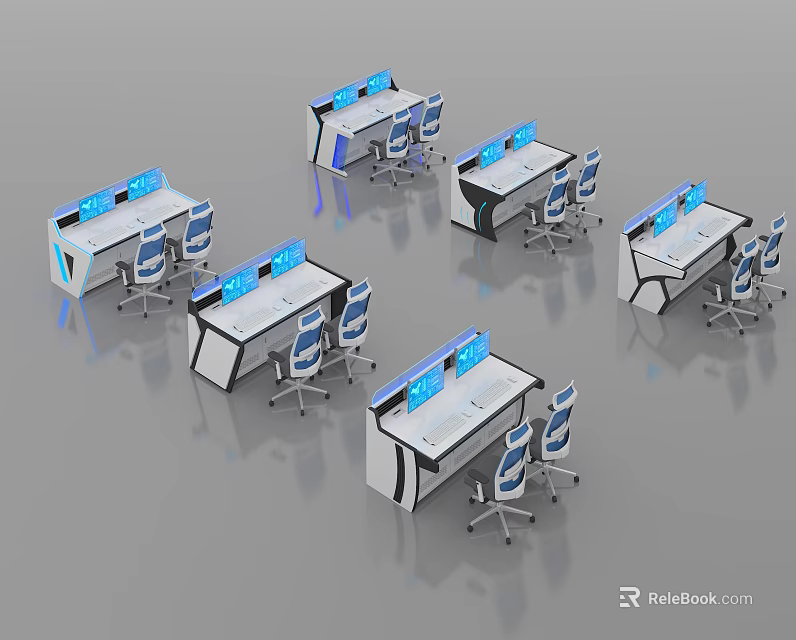Modern Control Room Interior With Multiple Monitoring Consoles Screens And Ergonomic Chairs 3d model 