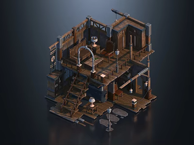 Cartoon Scene Of Wooden Multi Level Structure With Staircase Tables And Lanterns 3d model