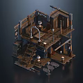 Cartoon Scene Of Wooden Multi Level Structure With Staircase Tables And Lanterns