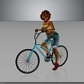 Red Haired Girl Riding Light Blue Bicycle Wearing Yellow Top And Blue Ripped Shorts