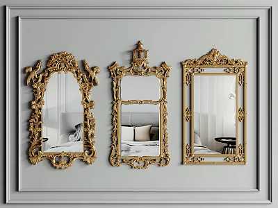 Three Decorative Gold Mirrors With Ornate Frames Hanging On Light Gray Wall 3d model