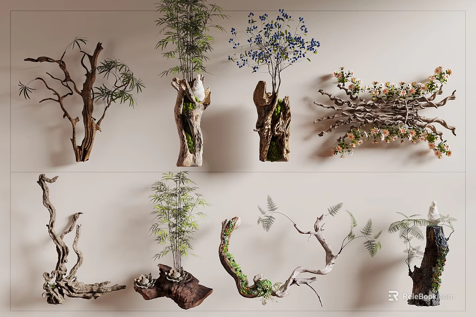 Decorative Bonsai Potted Plants With Natural Branch Shapes Ferns Bamboo And Flowering Twigs 3d model 