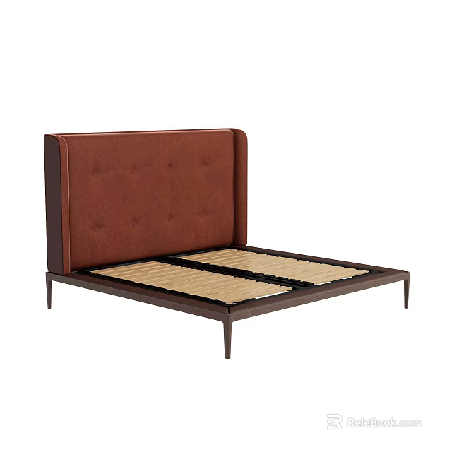 Modern Minimalist Double Bed With Tufted Brown Upholstered Headboard And Wooden Slat Base 3d model 