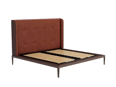 Modern Minimalist Double Bed With Tufted Brown Upholstered Headboard And Wooden Slat Base 3d model
