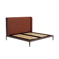 Modern Minimalist Double Bed With Tufted Brown Upholstered Headboard And Wooden Slat Base