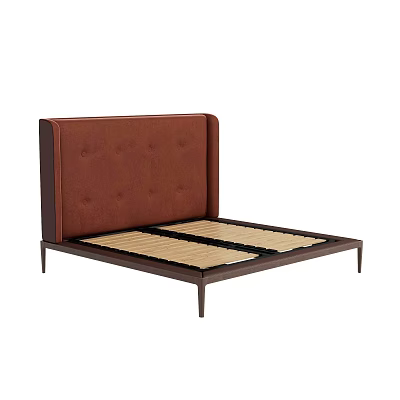 Modern Minimalist Double Bed With Tufted Brown Upholstered Headboard And Wooden Slat Base 3d model