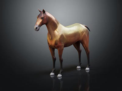 Detailed Golden Standing Horse Sculpture With Shiny Surface On Dark Background 3d model