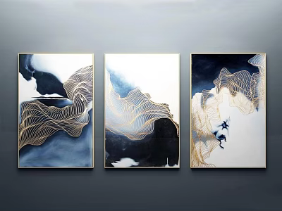 Modern Abstract Paintings With Blue Black Gold Lines And Framed Three Panel Design 3d model