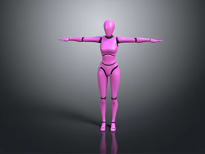 Pink Humanoid Robot Game and Movie Character with Outstretched Arms on Gray Reflective Background 3d model