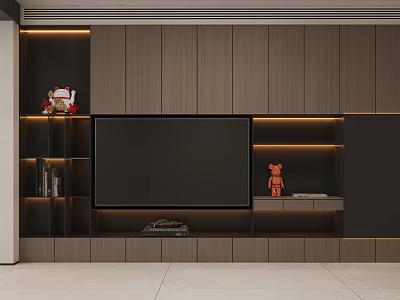 Modern TV Wall Unit With Wooden Panels Built-in TV LED Lighting And Open Shelves 3d model