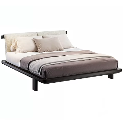 Modern Double Bed With Dark Wooden Frame Light Upholstered Headboard And Striped Bedding 3d model