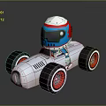Cartoon Toy Car with White Body Large Black Wheels Red Rims and Blue Red Helmet