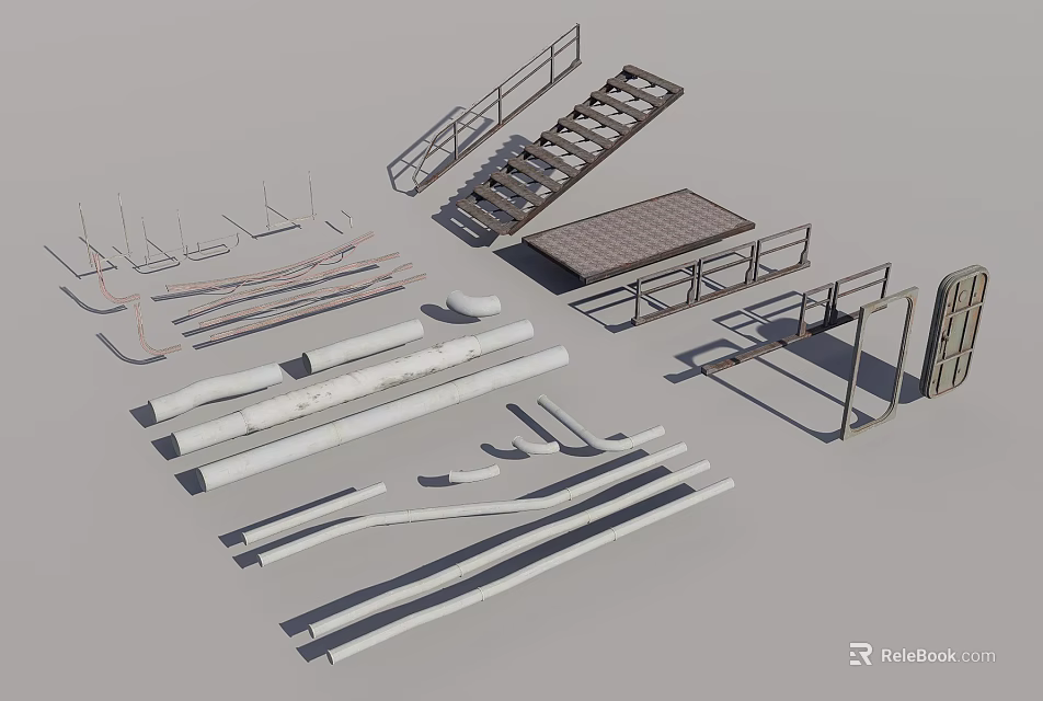 Industrial Metal Equipment Components Including Stairs Railings Platforms And Pipes For Factories 3d model 