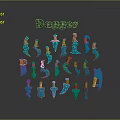 Various Designs of Blue and Orange Daggers on Gray Background with Reflections