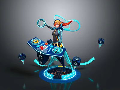 Futuristic Game Movie Character with Orange Hair Black Outfit Blue Glowing Aura Floating Console Dice 3d model
