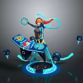Futuristic Game Movie Character with Orange Hair Black Outfit Blue Glowing Aura Floating Console Dice