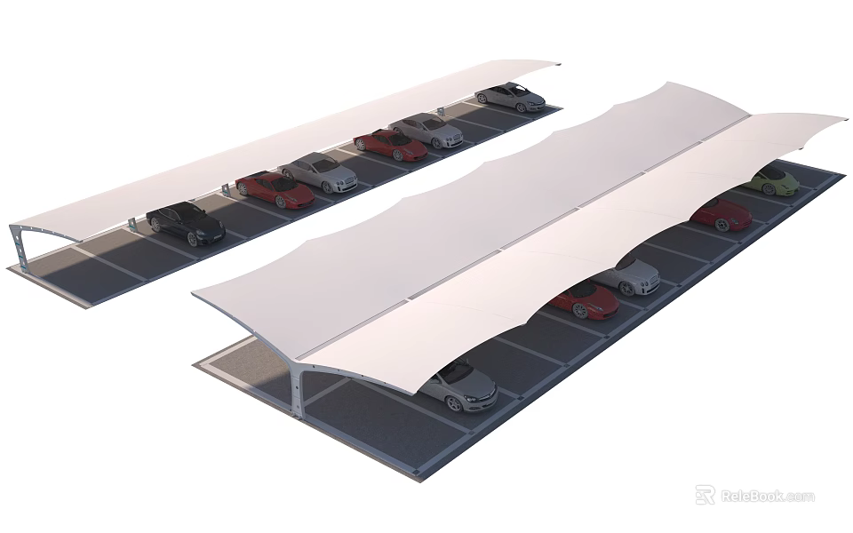 Carport Canopy Structure for Outdoor Parking Lot Covering Multiple Parked Vehicles 3d model 