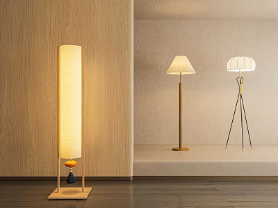 Three Modern Floor Lamps With Fabric Shades And Metal Stands For Interior Decor 3d model