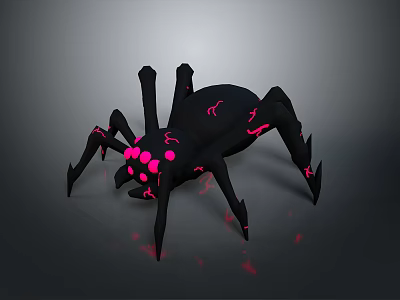 Black Spider With Pink Glowing Accents And Red Traces On Dark Surface 3d model