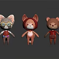 Cute Game Movie Characters Gray Fox With Goggles Orange Fox in Red Hood Brown Bear
