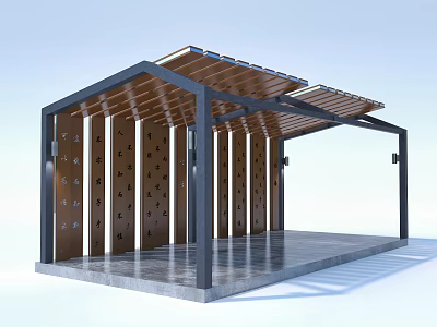 Modern Pergola with Black Frame Wooden Roof and Perforated Panels on Gray Platform 3d model