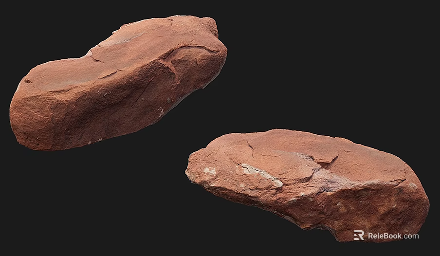 Red Textured Stone And Natural Wood Decorative Pieces With Surface Details On Black Background 3d model 