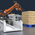 Automated Industrial Robotic Arm Handling Wooden Boxes On Conveyor Belt System