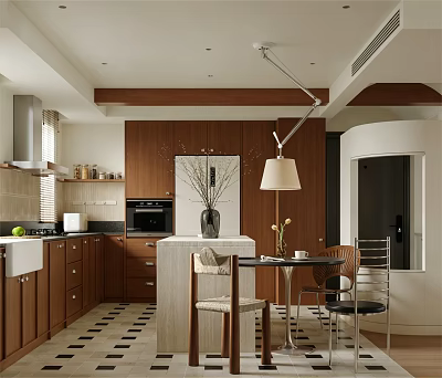 Modern Kitchen Interior With Wooden Cabinets Island Counter And Dining Chairs 3d model