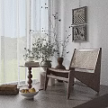 Modern Wooden Frame Leisure Chair With Rattan Back And Side Table Plants In Bright Room