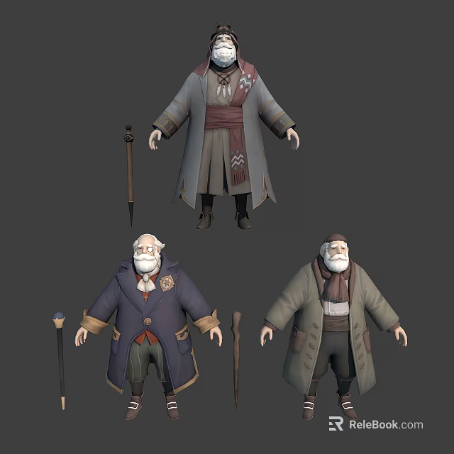 Three Elderly Characters with Walking Canes in Different Outfits 3D Character Design 3d model 