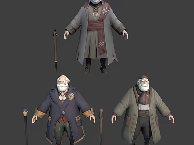 Three Elderly Characters with Walking Canes in Different Outfits 3D Character Design 3d model