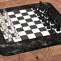 Stylish Entertainment Table with Black Marble Top Chessboard Pieces Gold Metal Legs on Herringbone Floor