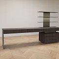 Modern Dark Wood Desk With Drawer Cabinet And Multi tiered Shelf On Herringbone Floor