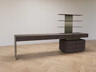 Modern Dark Wood Desk With Drawer Cabinet And Multi tiered Shelf On Herringbone Floor 3d model