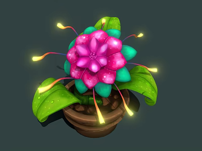 Vibrant Plant with Pink Layered Petals Green Leaves Water Droplets Glowing Yellow Lines in Pot 3d model