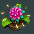 Vibrant Plant with Pink Layered Petals Green Leaves Water Droplets Glowing Yellow Lines in Pot